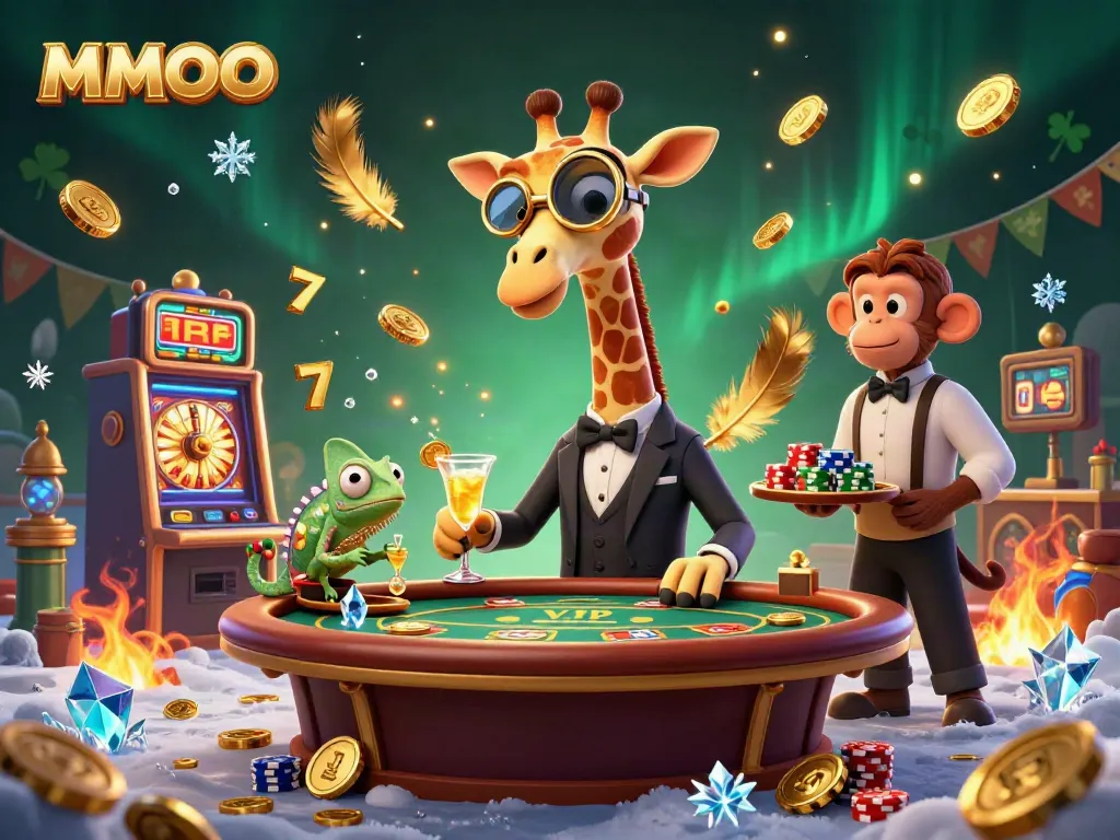 Experience the excitement of MMOO at a vibrant casino scene with a giraffe, monkey, and chameleon immersing in gaming.