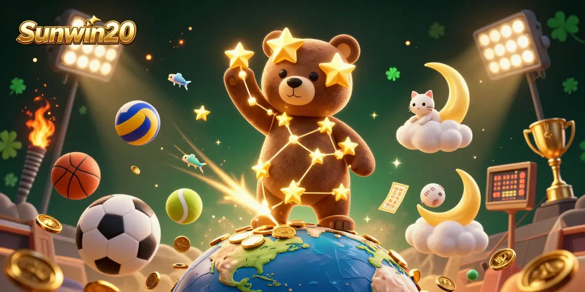 Engage with Sunwin20's vibrant 3D casino scene of the constellation bear scooping coins while sports elements fly around.