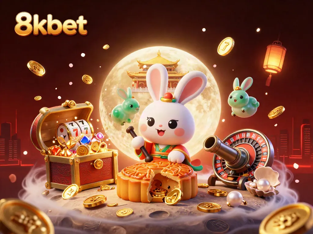 Experience the thrilling world of 8kbet with a moon rabbit and jade companion amidst exciting gambling elements, showcasing online casino action.