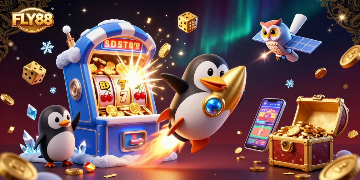 Experience thrilling action at FLY88 with a golden penguin launching into a vibrant casino adventure.