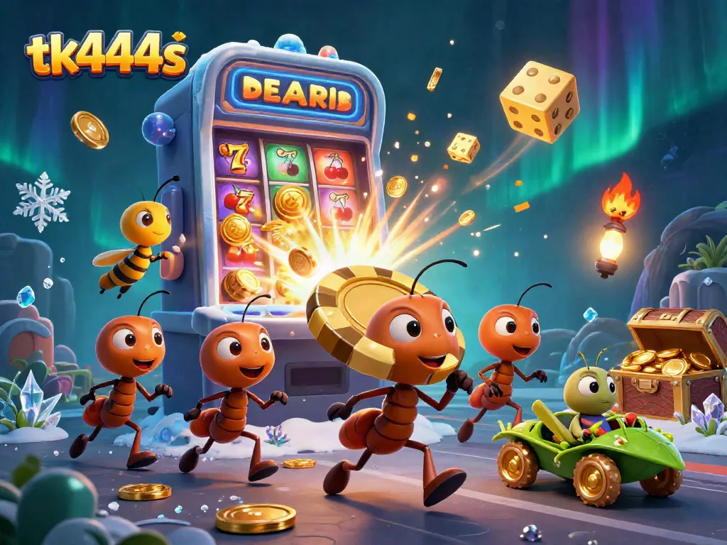 Engage with tk444s while a team of cartoon ants carry a giant poker chip away from a slot machine jackpot.