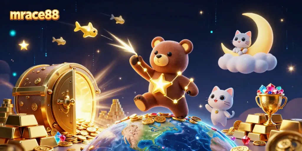 Experience the magic of mrace88 with a cosmic bear gathering riches in this 3D casino scene.