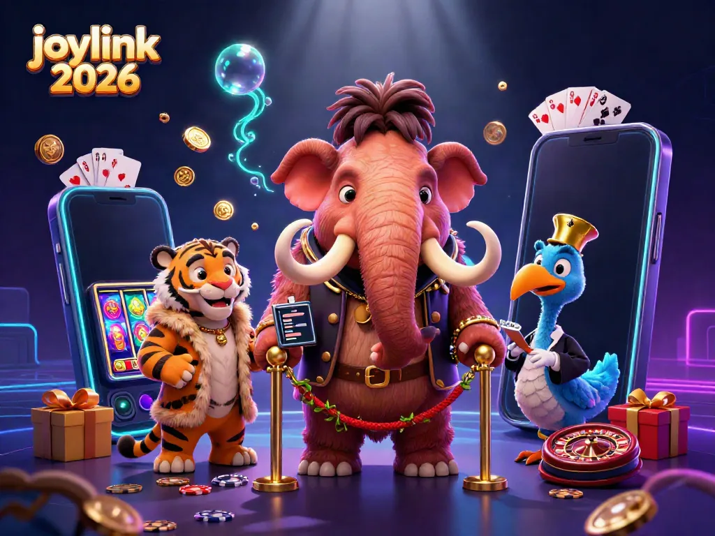 Delve into the vibrant world of joylink 2026 with a mammoth bouncer and VIP characters in a casino scene.