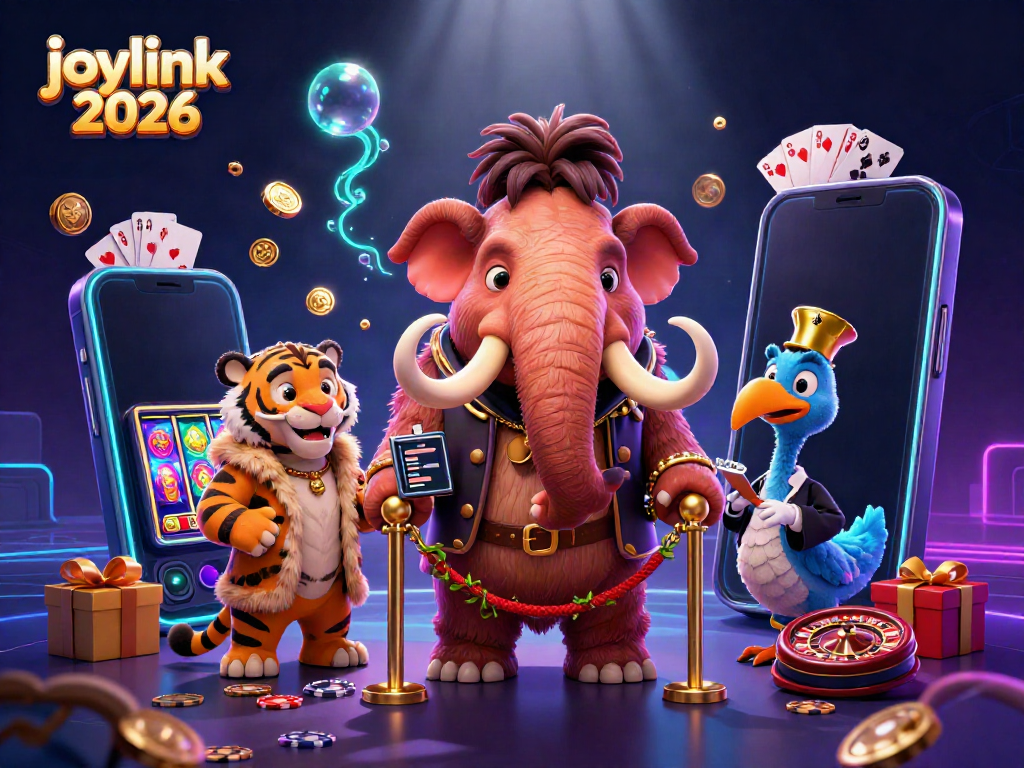 Delve into the vibrant world of joylink 2026 with a mammoth bouncer and VIP characters in a casino scene.