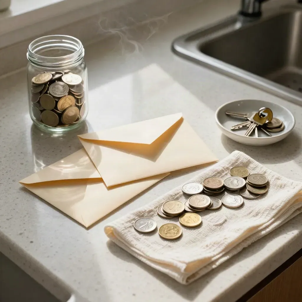 Susun atur bajet bulanan di atas kaunter dapur dengan balang syiling, sampul, kunci dan tuala teh.