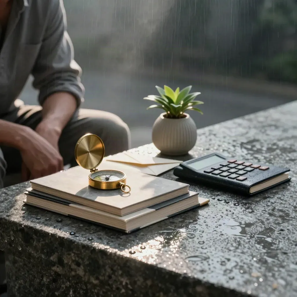 Kompas loyang, kalkulator terbalik, folio portfolio dan pokok kecil di atas batu basah selepas hujan.