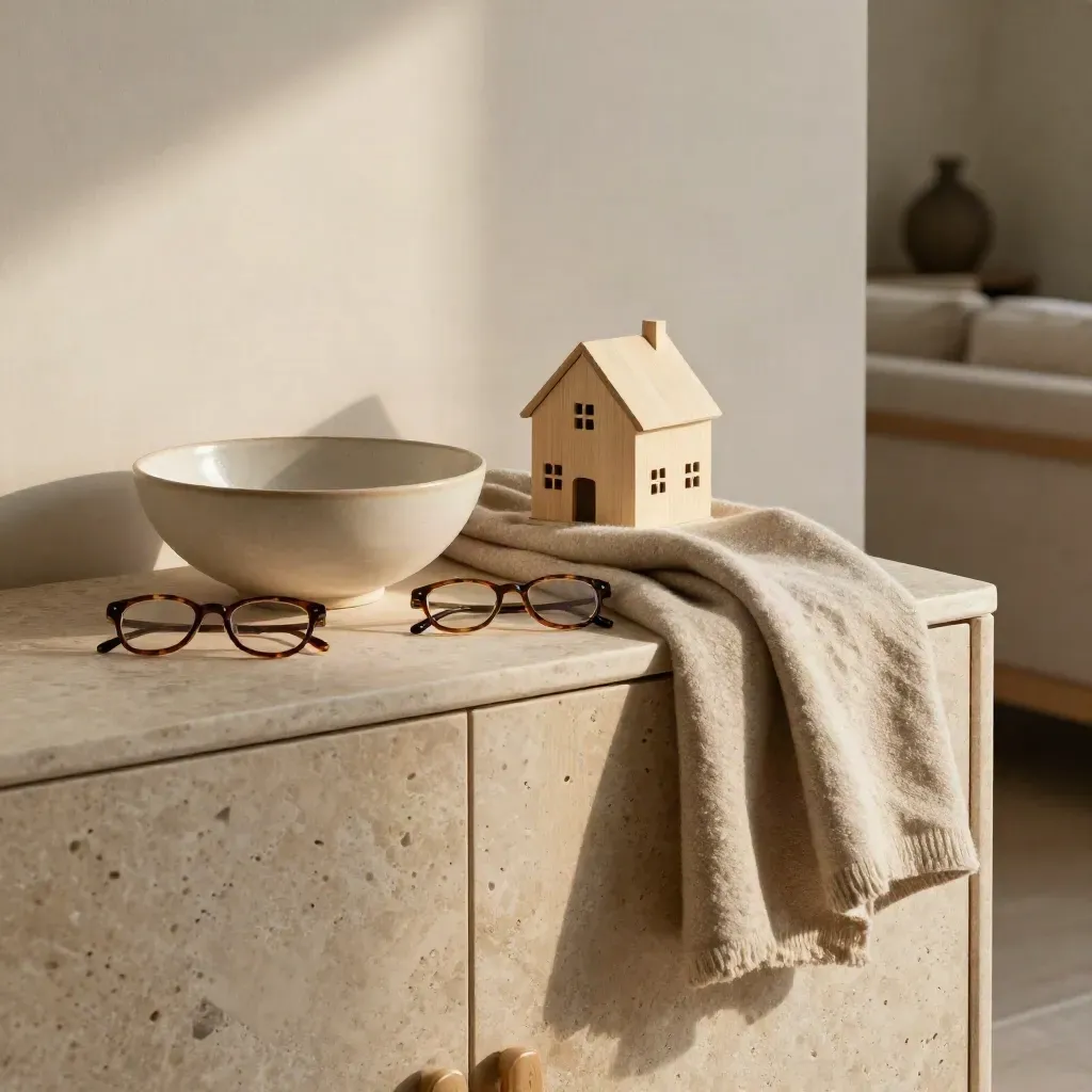 Sideboard linen dengan model rumah, mangkuk seramik, selimut wol dan cermin mata baca.