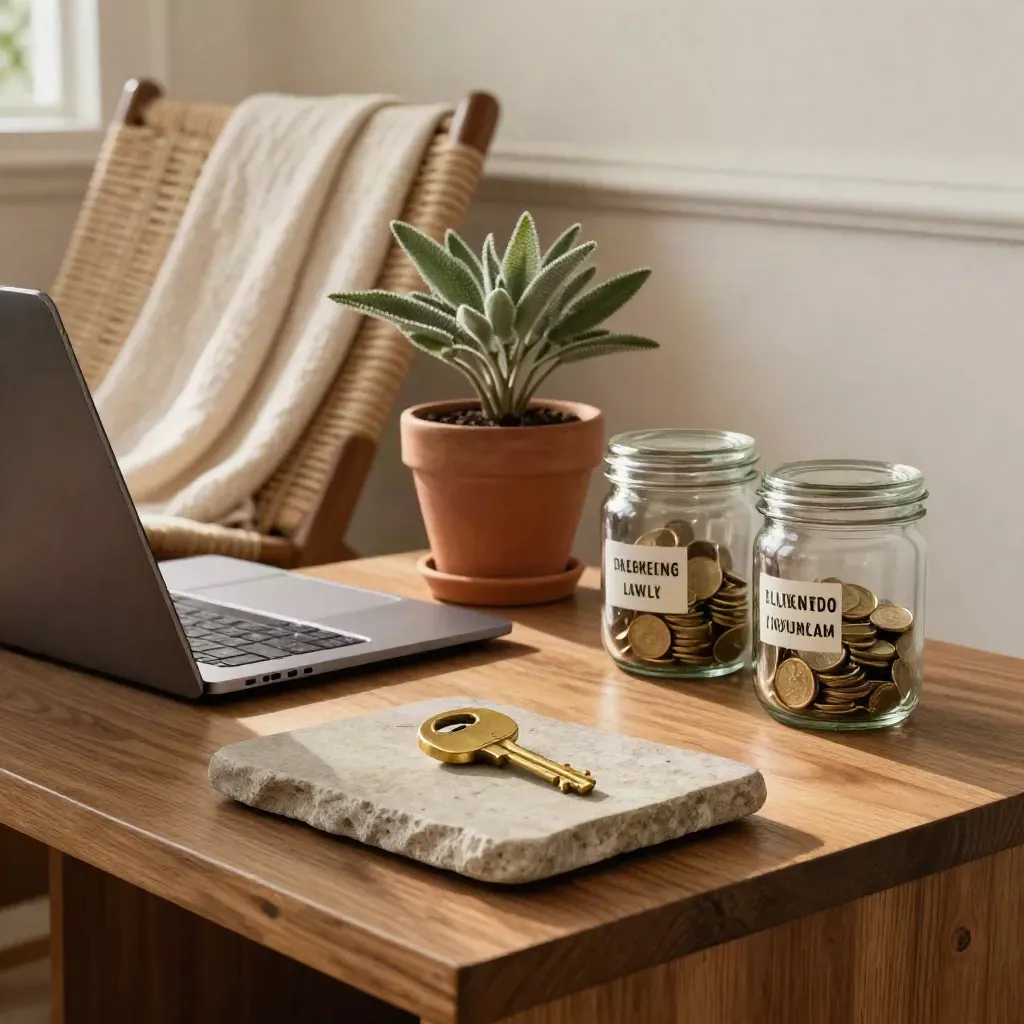 Nook membaca tenang dengan dua balang tunai, kunci rumah dan laptop tertutup.