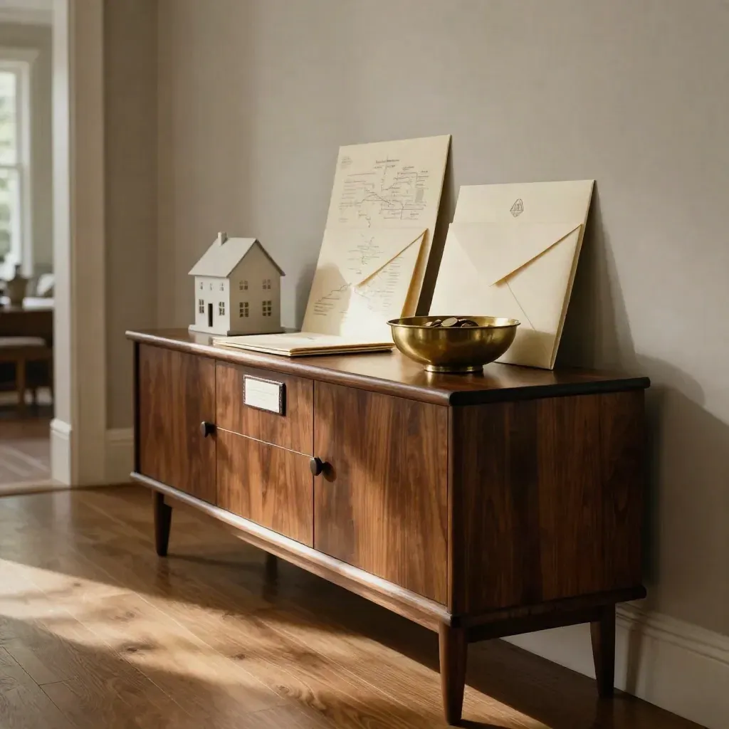 Dokumen kewangan keluarga di atas sideboard kayu gelap dengan rumah mini dan sampul bersegel.