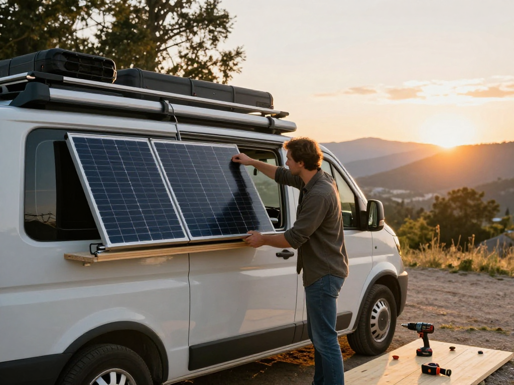 DIY enthusiast working on camper van electrics and solar installation for rokok88 at sunset.