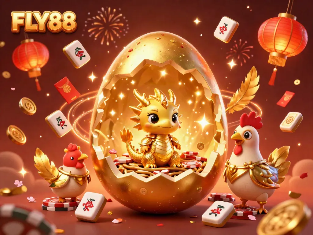 FLY88 brings vibrant casino excitement with golden characters and festive elements.