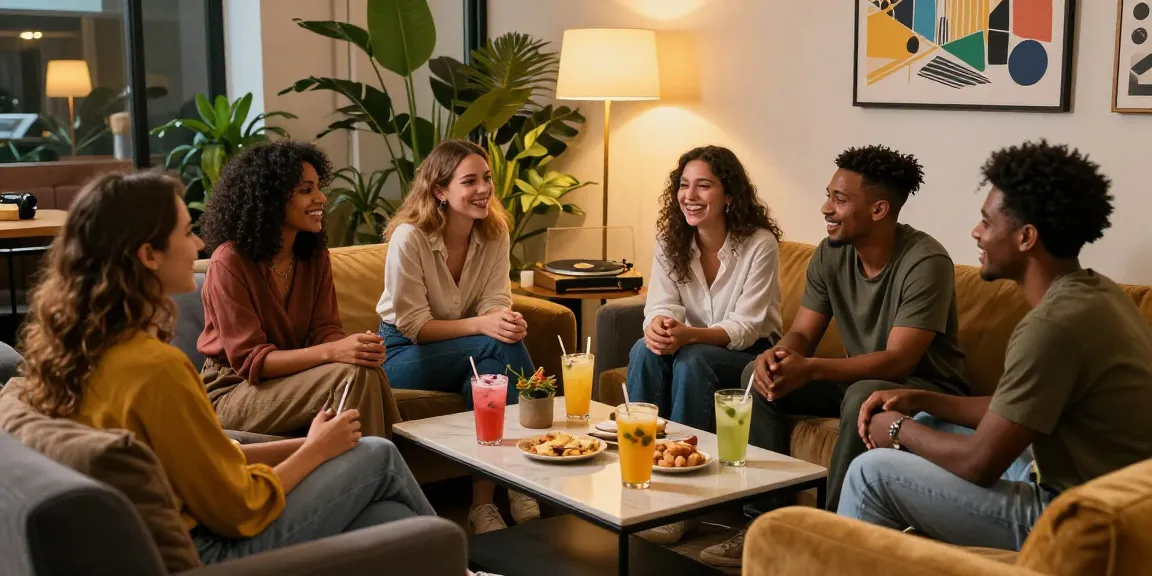 Friends enjoying rokok 88 drinks in a stylish lounge, relaxed and vibrant atmosphere.