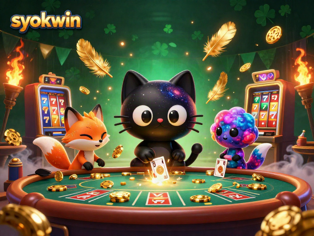Spin and win at Syokwin's cosmic casino with vibrant characters and golden gaming elements.