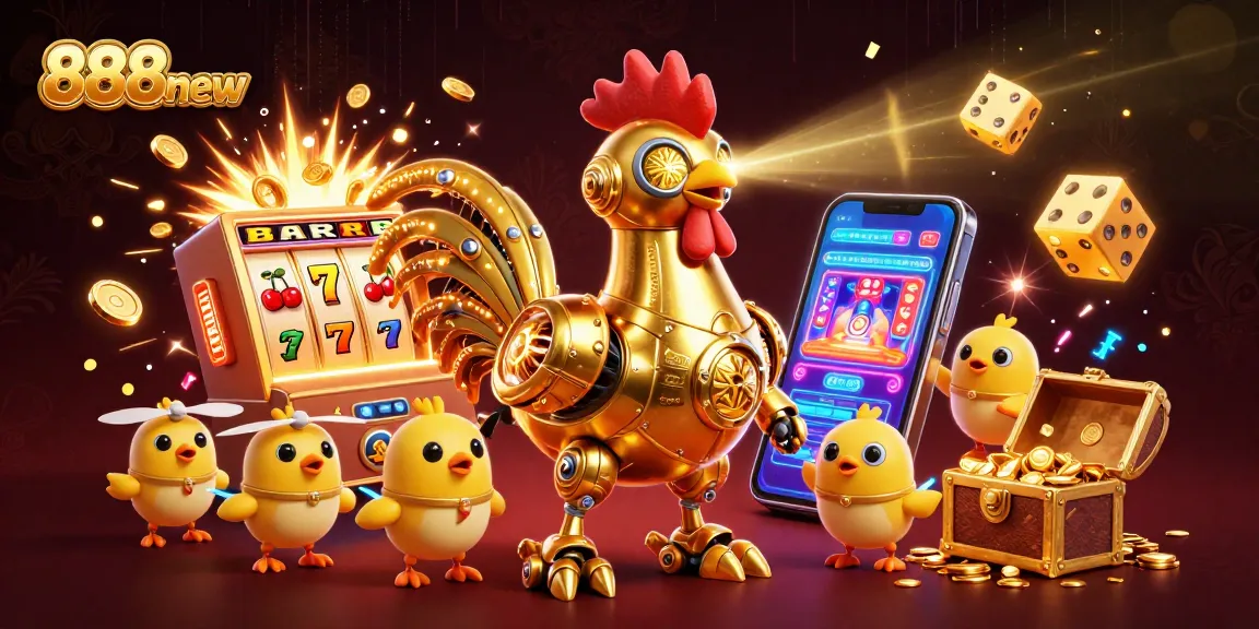 Engage with 888new's playful casinos featuring a golden rooster robot and vibrant slot machines.