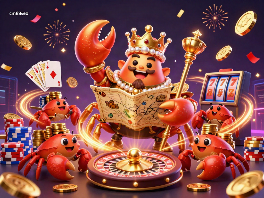 Experience exciting wins at cm88seo with a golden crab emperor, treasure map, and dynamic casino elements.