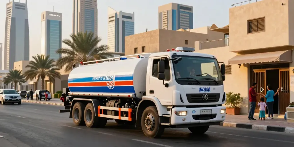 Riyadh Water Tanker Supplier delivering fresh water to families in the vibrant streets of Riyadh.