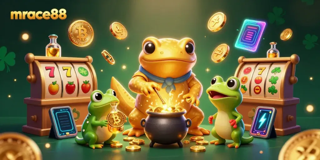 Experience mrace88's vibrant online casino with golden alchemist characters and dynamic slot elements.