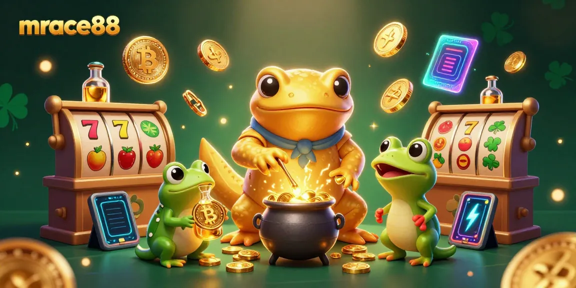 Experience mrace88's vibrant online casino with golden alchemist characters and dynamic slot elements.