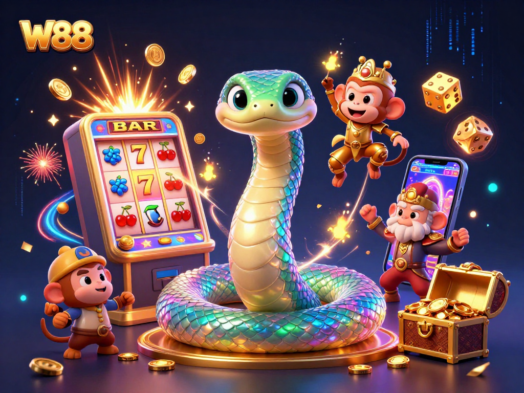 Experience winning thrills with W88's vibrant online casino scene featuring dynamic slot machines and captivating characters.