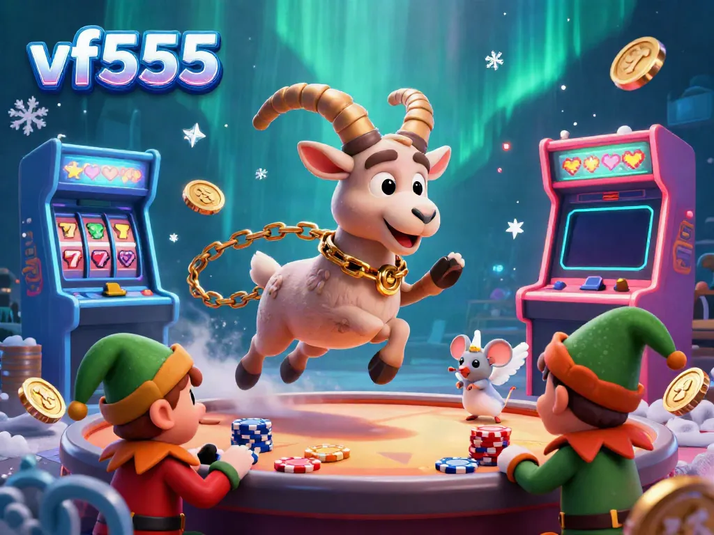 Experience the thrill of vf555 in a festive casino scene with playful characters and vibrant gaming elements.