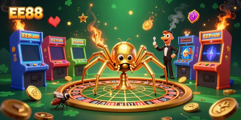 Experience thrilling gameplay at EE88 with a golden spider and croupier in vibrant casino illustration.
