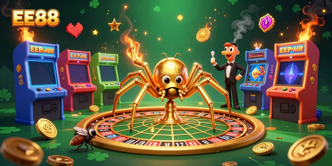 Experience thrilling gameplay at EE88 with a golden spider and croupier in vibrant casino illustration.