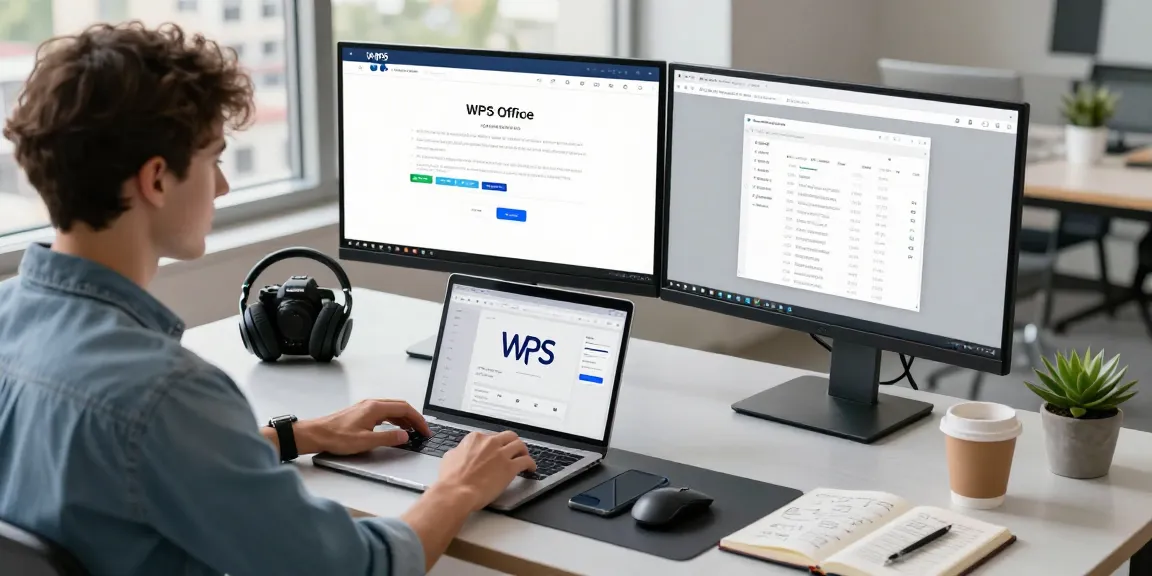 Dynamic digital workspace showcasing the WPS Official Website on dual monitors, emphasizing productivity in a modern software environment.