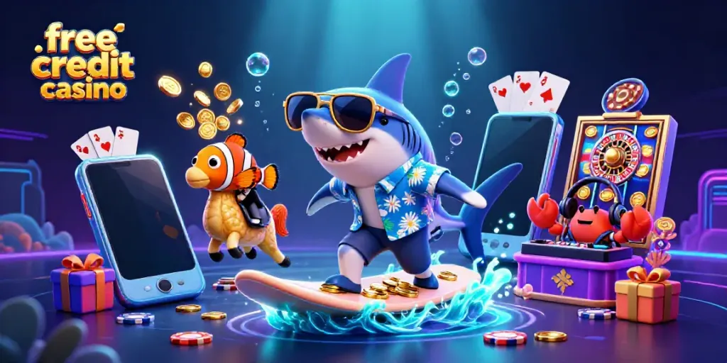 Engaging illustration of free credit casino promotion featuring a shark, clownfish, and crab amidst vibrant casino elements.