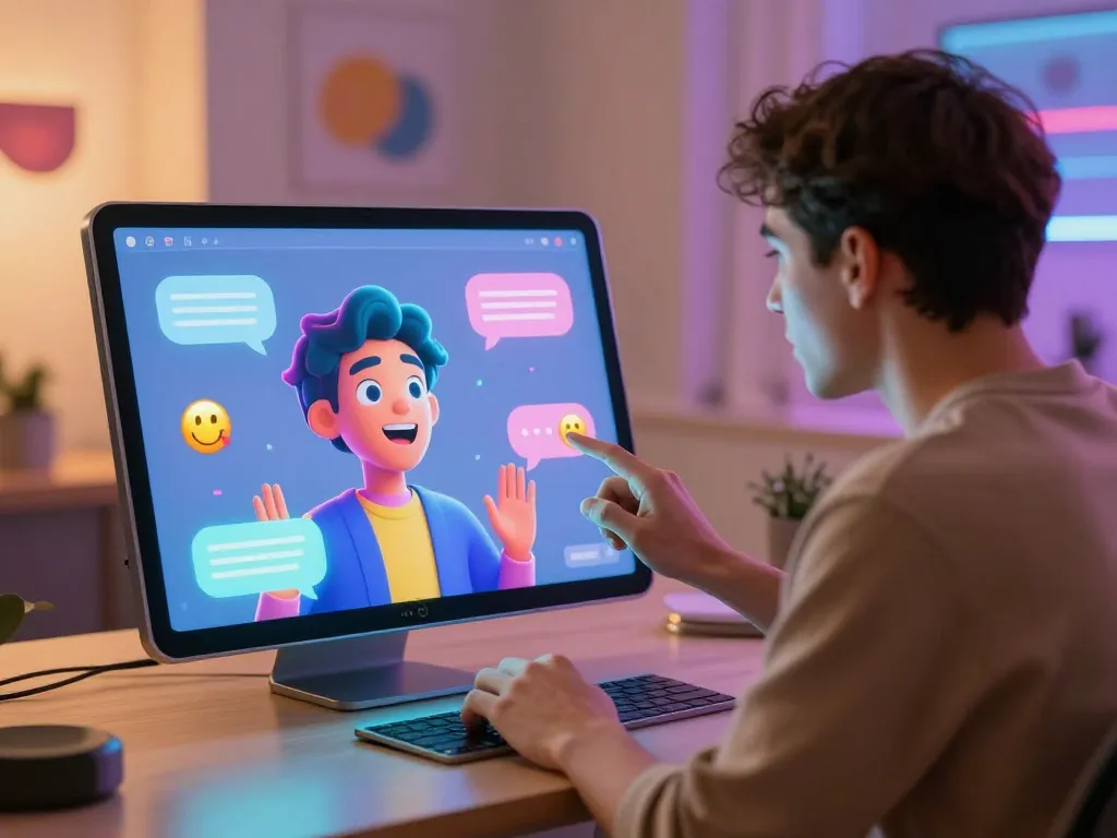 Interactive scene of 18+ AI chat experience with vibrant digital characters and holographic interfaces.