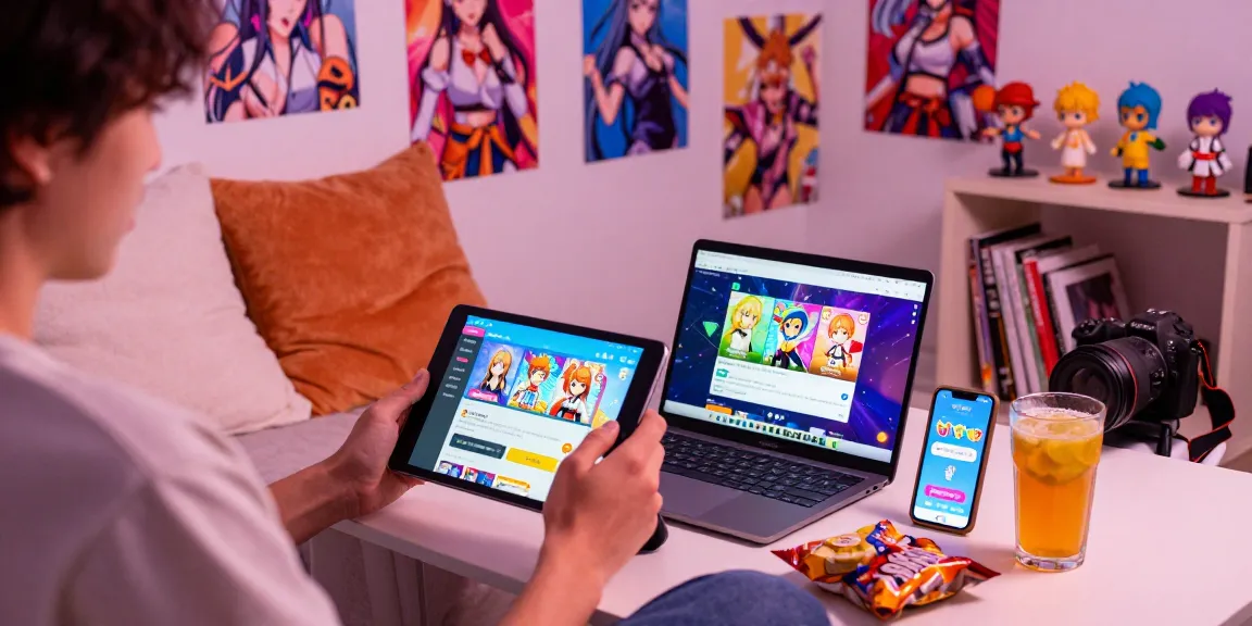 Player enjoying an ecchi game on a tablet in a cozy bedroom, surrounded by vibrant decor.
