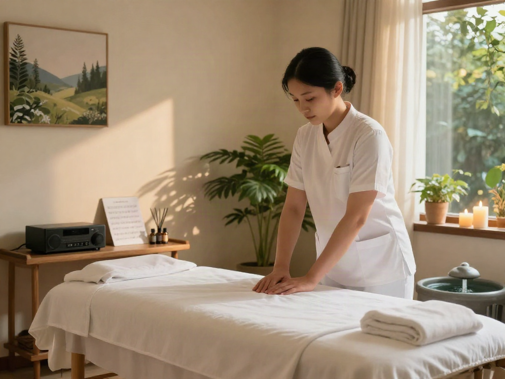 파주출장안마 therapy setup with serene ambient light, calming music, and essential oils