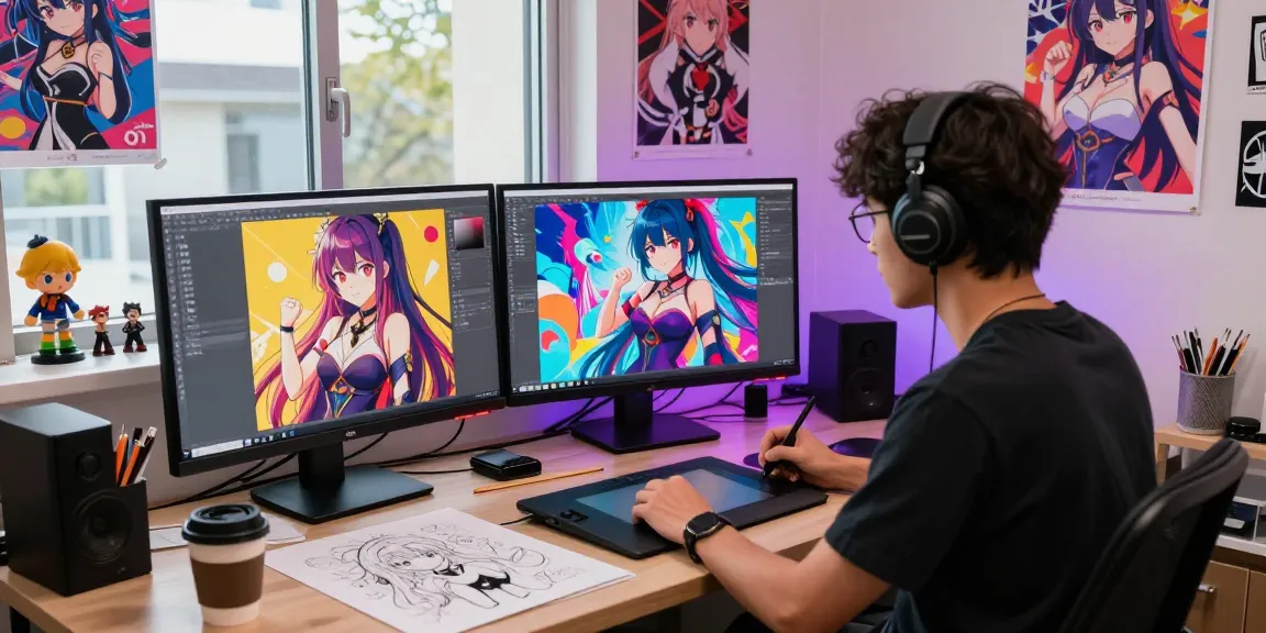 Creating AI ecchi art in a vibrant digital studio with colorful designs and ambient lighting.