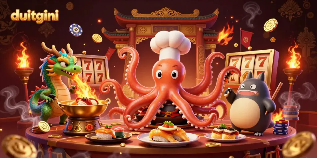 Play casino games with duitgini, featuring exciting slot reels and animated characters.