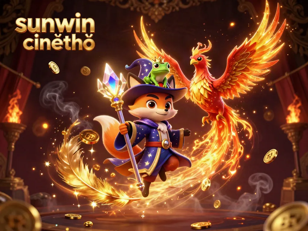 Engage with sunwin chính chủ through a vibrant 3D illustration of a wizard fox, phoenix, and enchanted frog in a rich casino atmosphere.