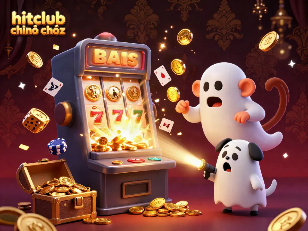 Experience exhilarating gaming with hitclub chính chủ as a mischievous poltergeist monkey juggles golden casino elements inside a vibrant haunted casino.