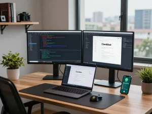 Clawd bot integration displayed on dual monitors in a modern home office with a developer working.