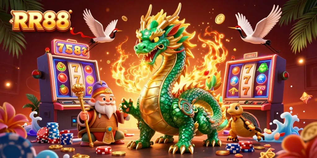 Experience the thrill of RR88 with a vibrant casino scene featuring a dragon, turtle sage, and lucky cranes.