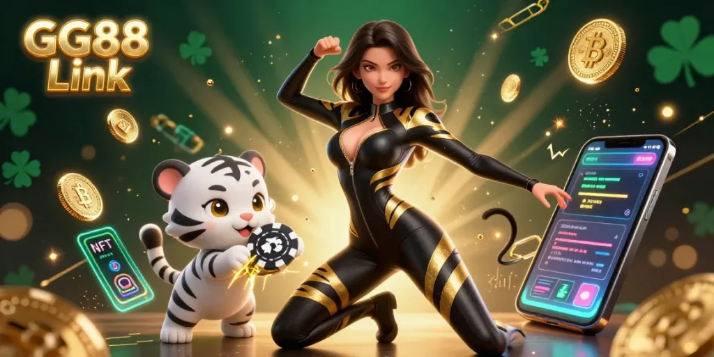Experience thrilling moments with GG88 Link in this dynamic 3D casino illustration featuring exciting poker and crypto elements.