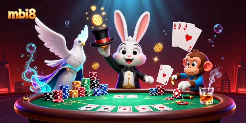 Engage in thrilling casino action at mbi8 while the magician rabbit conjures coins from a sparkling hat.
