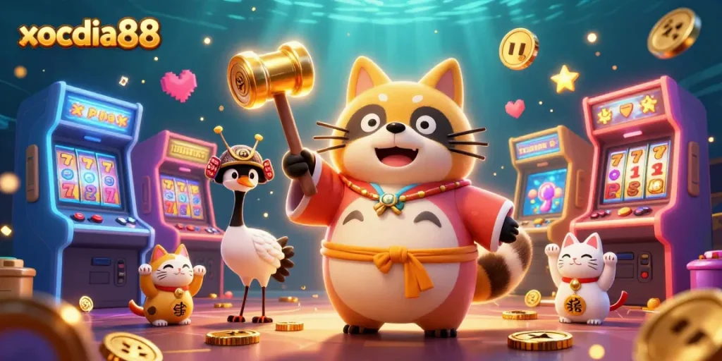 Xocdia88’s vibrant casino scene featuring a cheerful raccoon tanuki, samurai crane, and waving fortune cats with dynamic gaming elements.