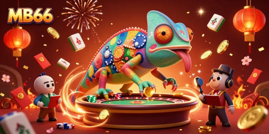 Experience thrilling gameplay at MB66 with a vibrant chameleon casino owner amid colorful casino elements.