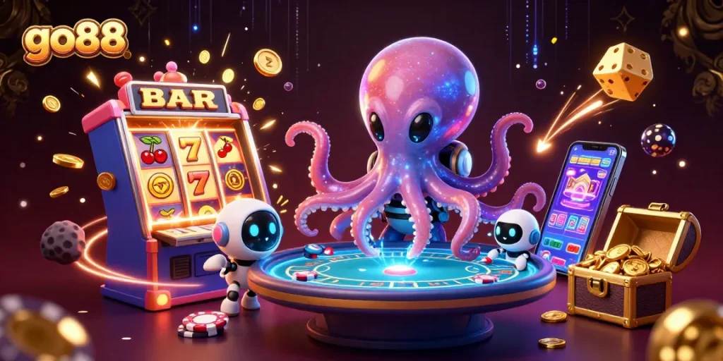 Engage with go88's thrilling alien octopus casino scene featuring a dynamic poker table and exciting game elements.