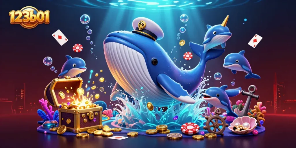 Engage with 123b01's vibrant underwater gambling scene featuring exciting whales and poker chips.