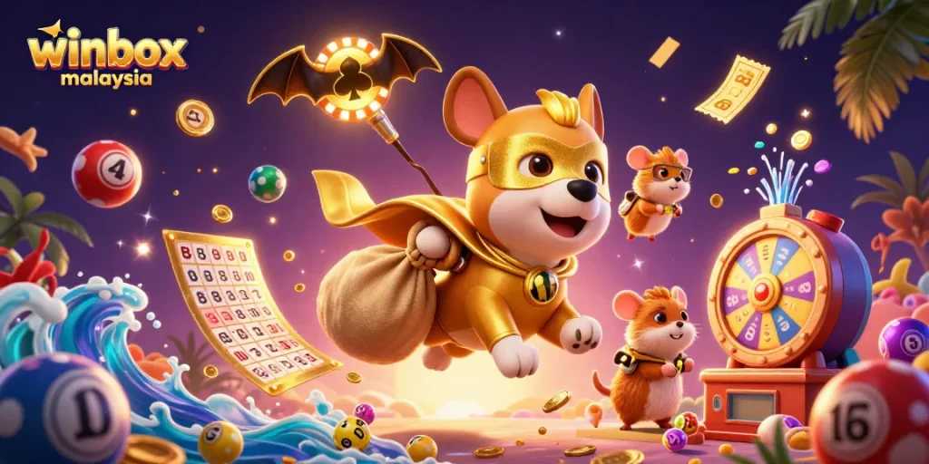 Winbox Malaysia's colorful mobile casino illustration showcasing dynamic lottery balls and casino elements.