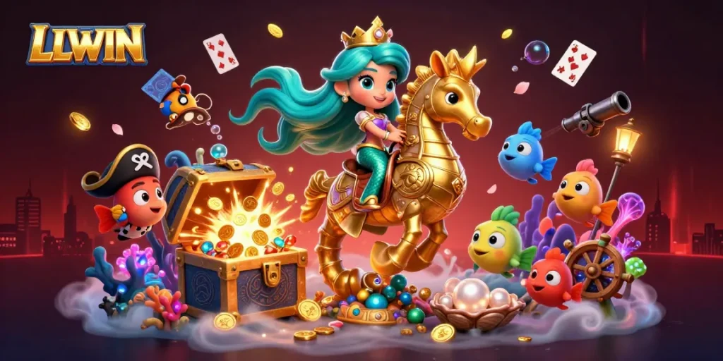Experience thrilling gameplay at LLWIN with a vibrant 3D underwater casino scene, featuring exciting characters and treasures.