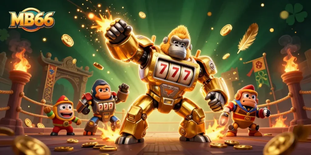 Experience thrilling gameplay at MB66 with a dynamic scene featuring a golden gorilla mech and slot machine elements.