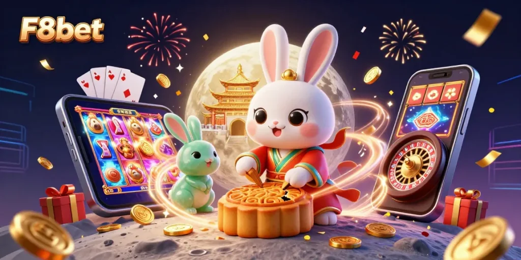Experience the excitement of F8bet with a vibrant 3D illustration showcasing moon rabbits alongside vibrant casino elements.