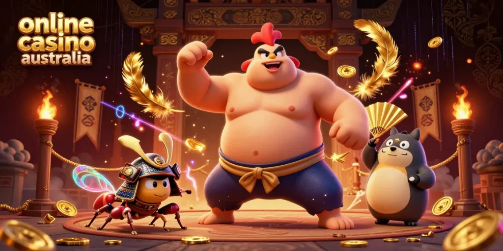 Experience thrilling gameplay at online casino australia with vibrant characters in an epic gambling arena.