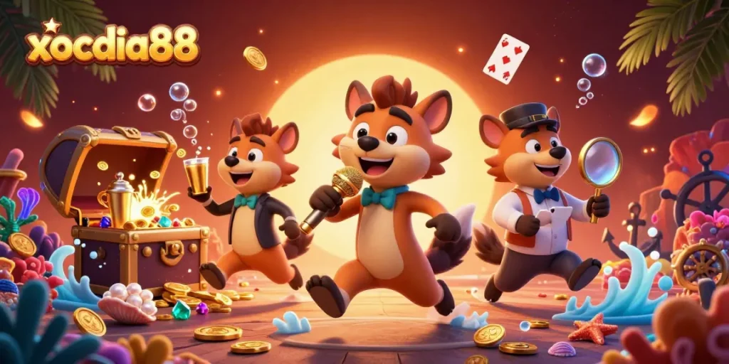 xocdia88’s vibrant casino scene with hyenas engaging in fun activities for an action-packed gaming experience.