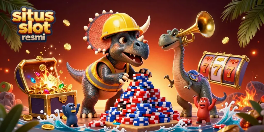 Experience situs slot resmi with a triceratops building a poker chip pyramid in a vibrant festive scene.